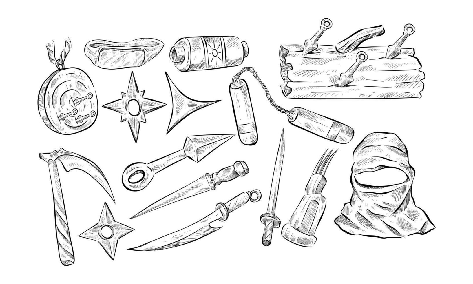 Ninja equipment handdrawn collection vector