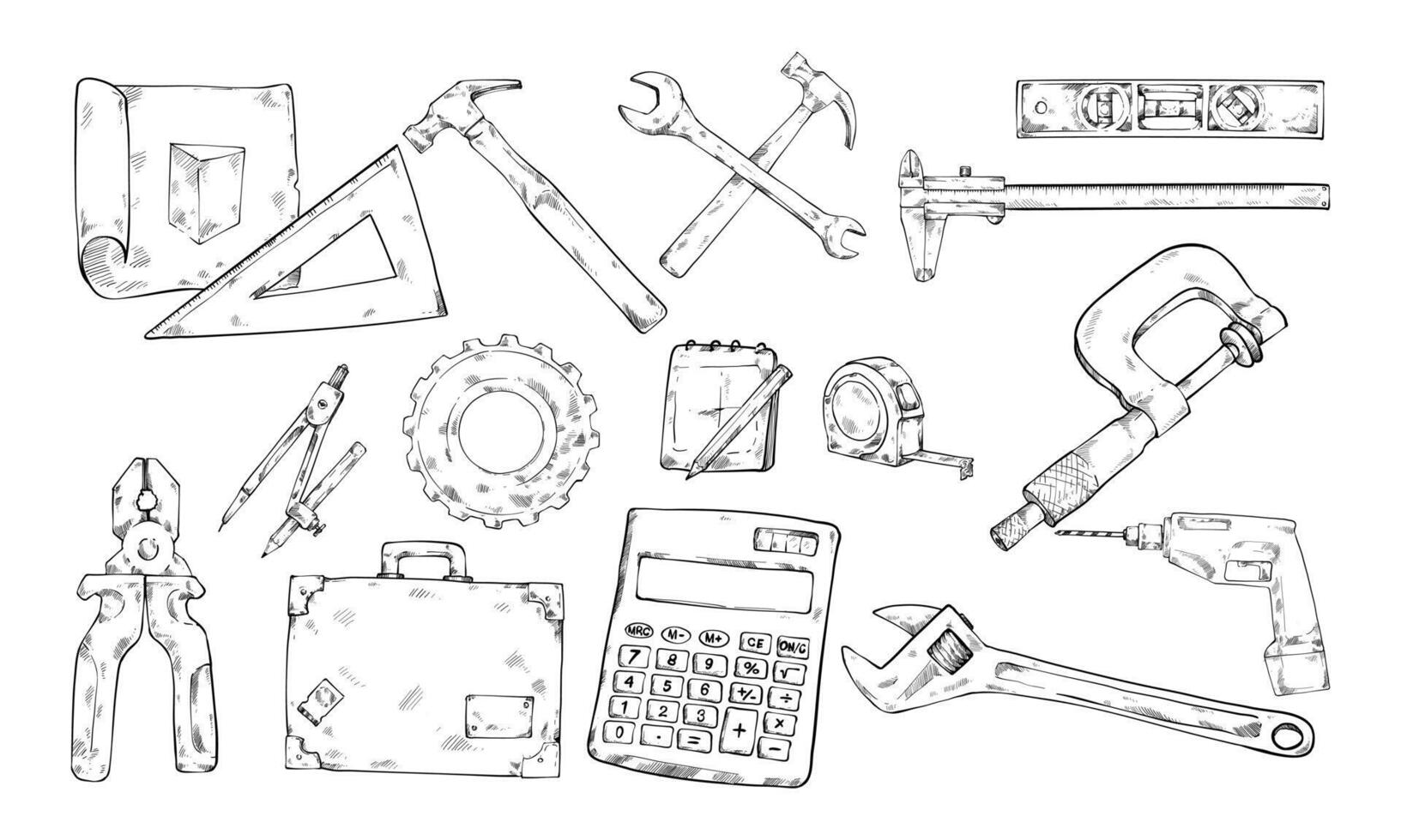 engineering tools handdrawn collection vector
