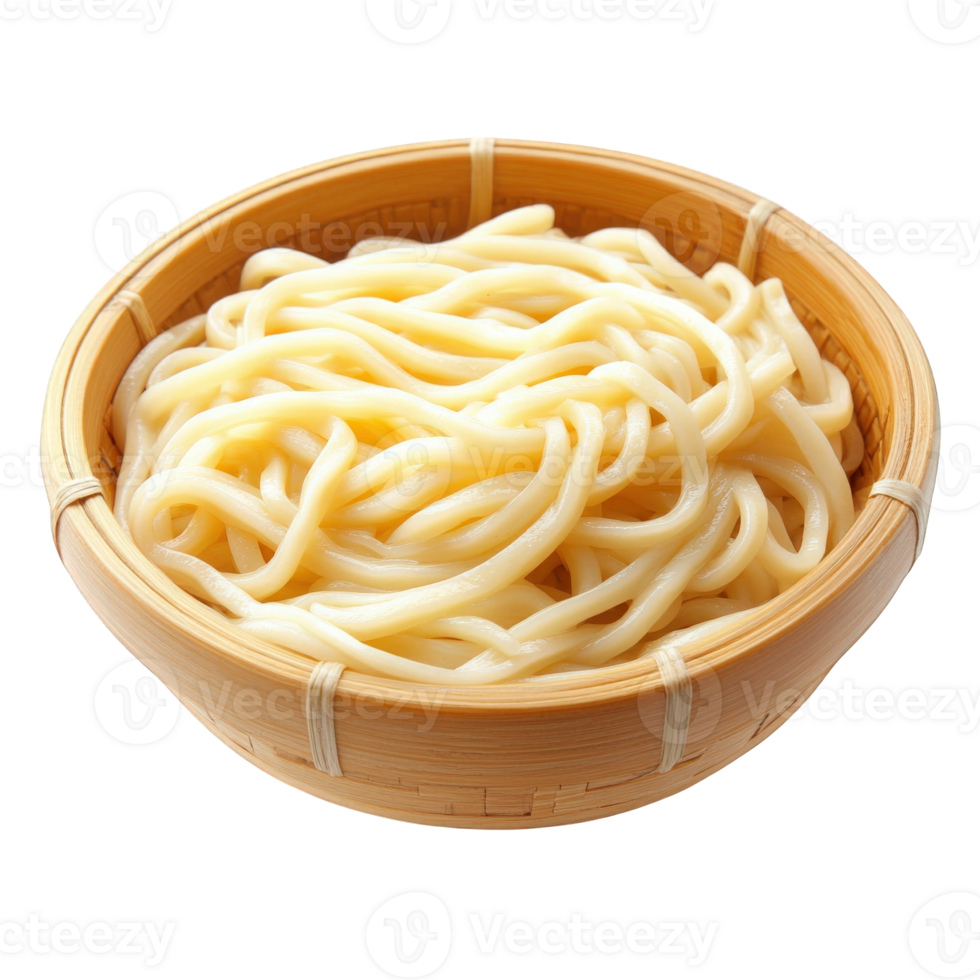 Cooked Udon Noodles in a Wooden Bowl, on transparent background png