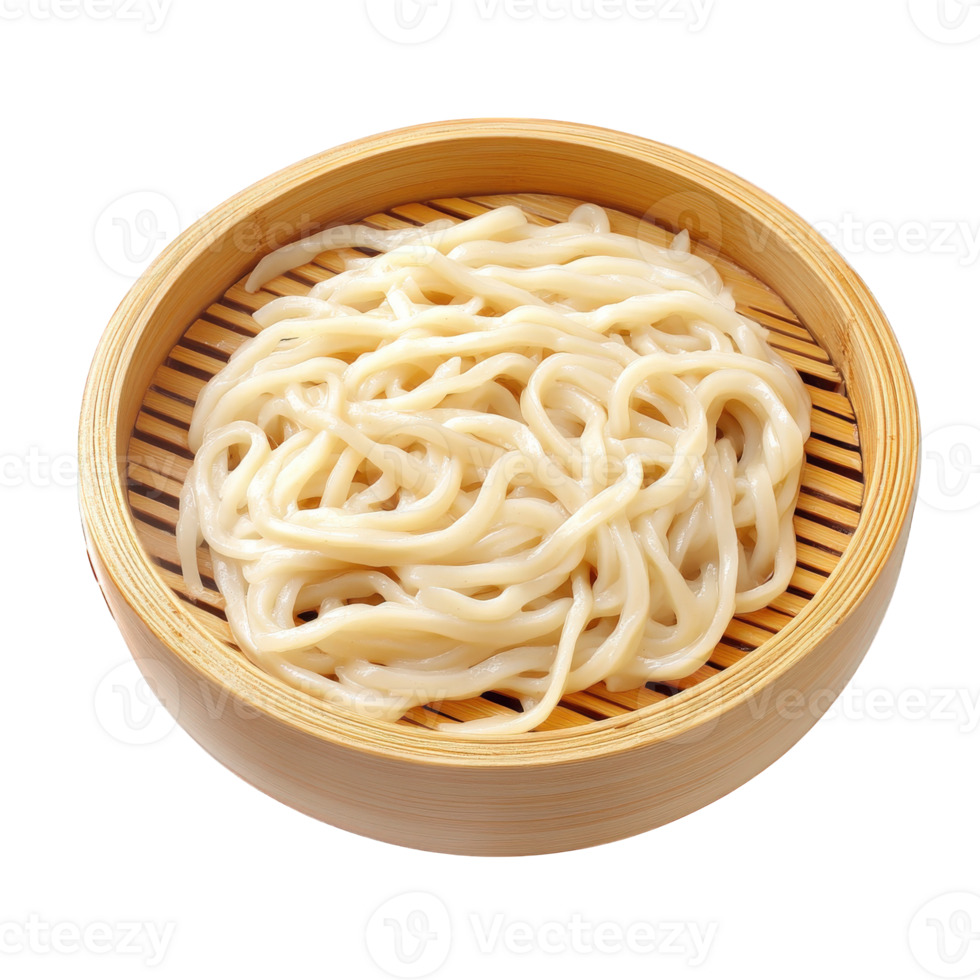 Steamed Udon Noodles in a Wooden Bowl, on transparent background png