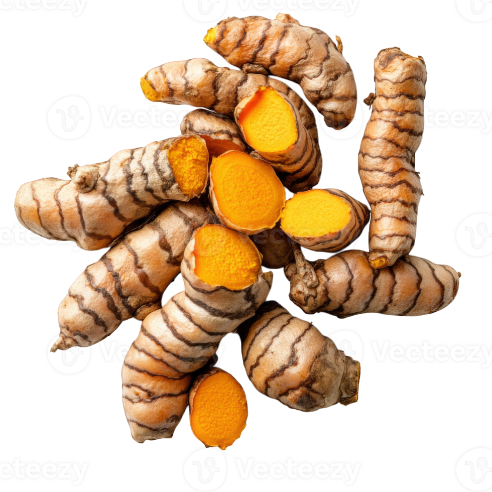 A Collection of Fresh Turmeric Roots Sliced Open, on transparent background png