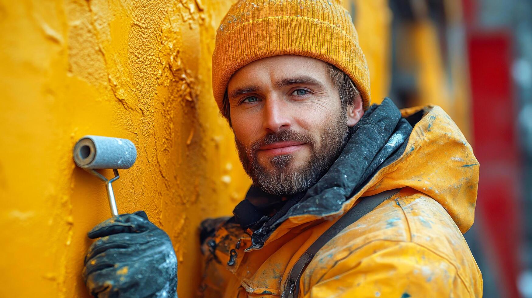 A man in yellow jacket painting a wall with a paint roller photo
