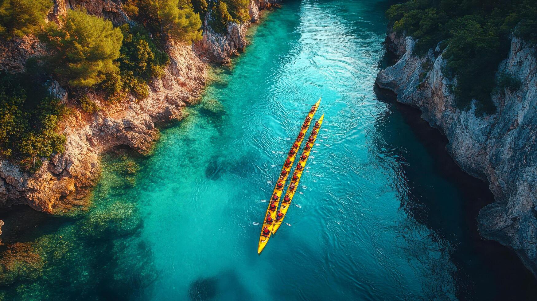 A boat is traveling down a river in the middle of a canyon photo