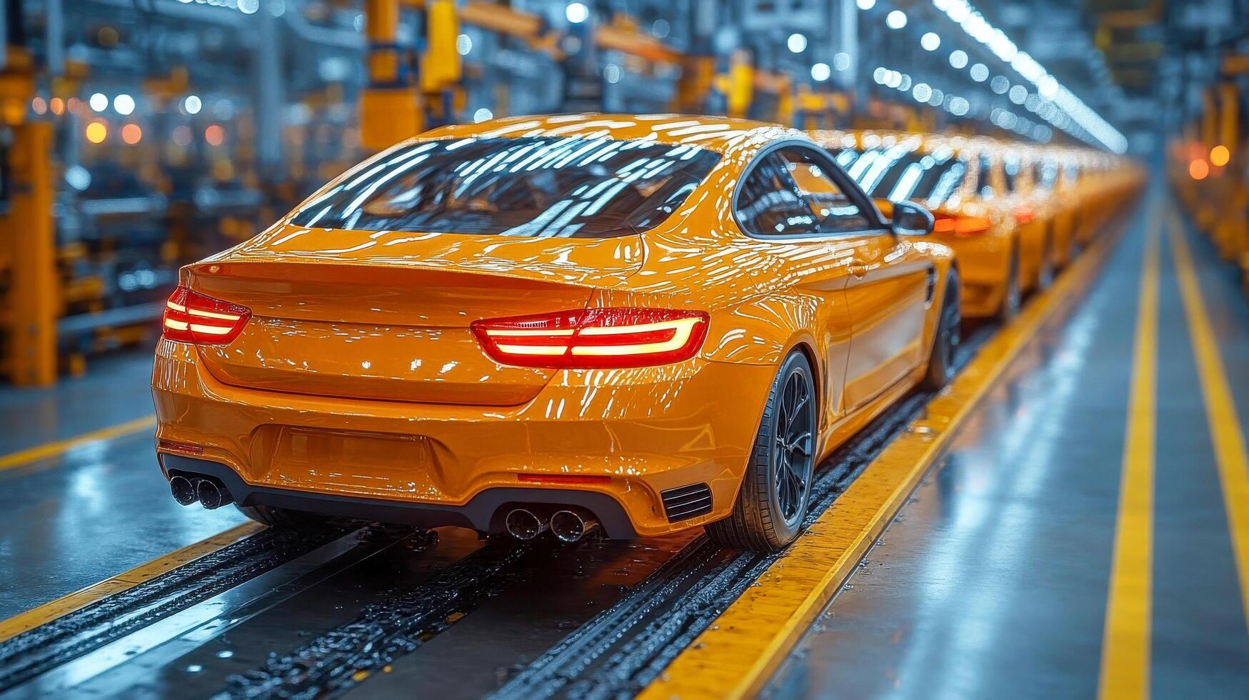 A car is on the assembly line in an orange color photo