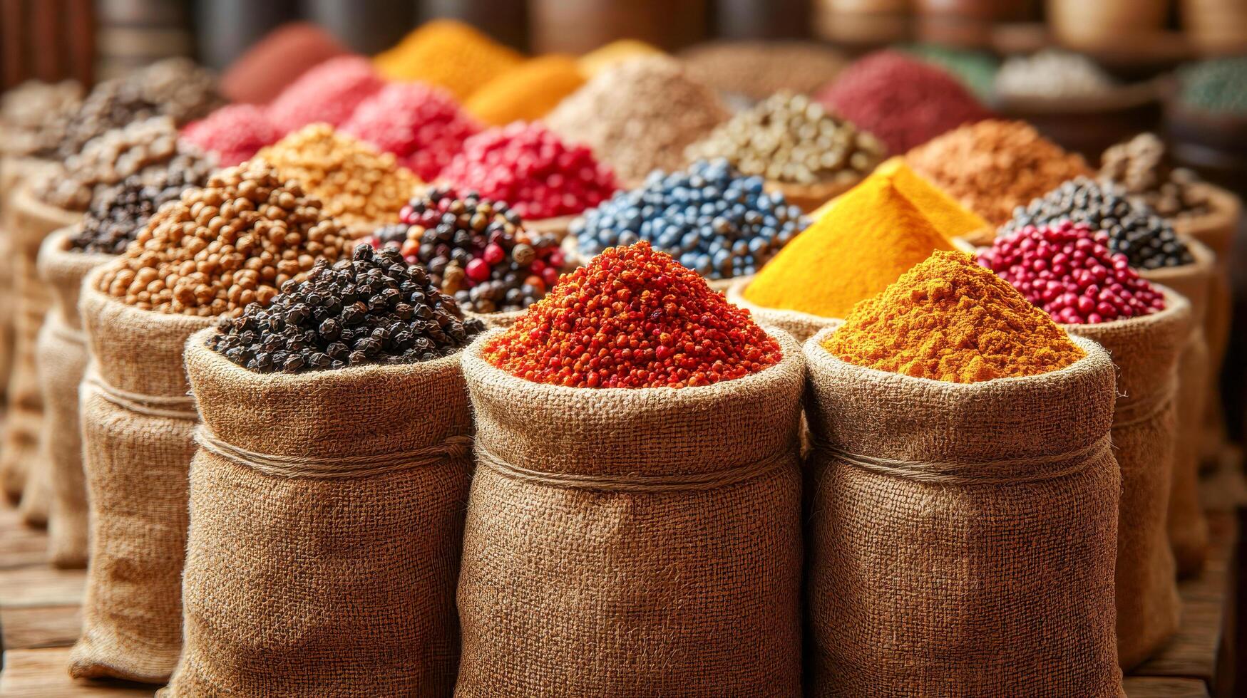 A variety of spices are in bags on a table photo