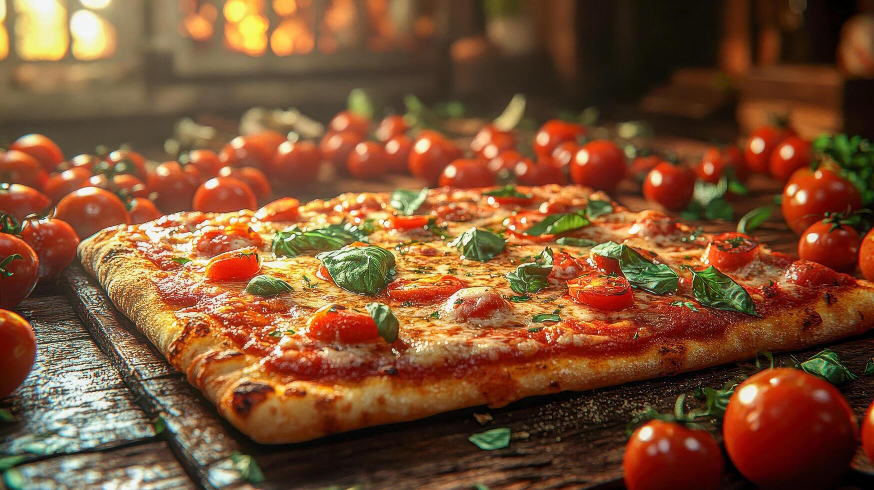 A pizza with tomatoes and basil on a wooden table photo