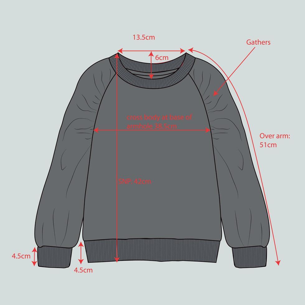 Grey Color sweatshirt for ladies with measurements details. vector