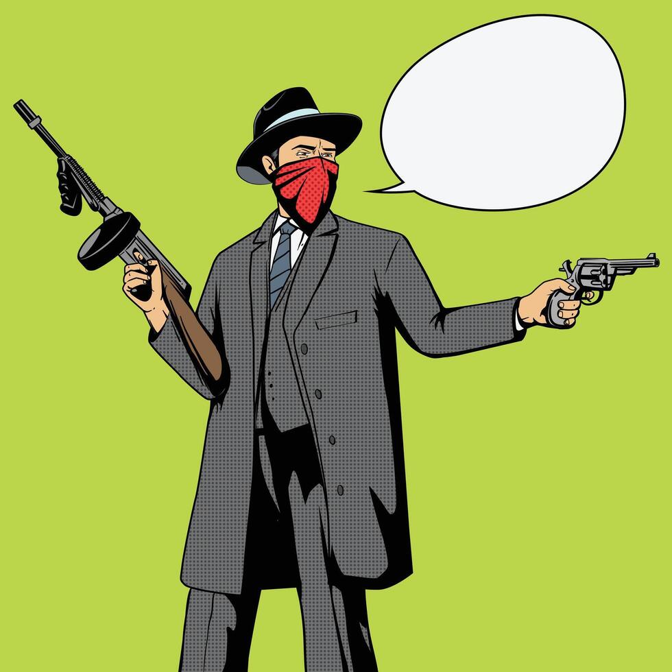 Gangster with gun robbery pop art retro style illustration. Comic book imitation vector