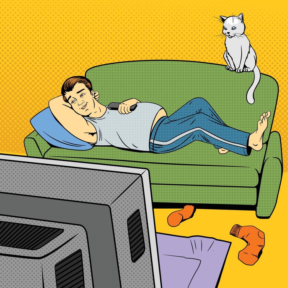 Man lying on couch sofa and lazy watching TV illustration. Comic book imitation vector