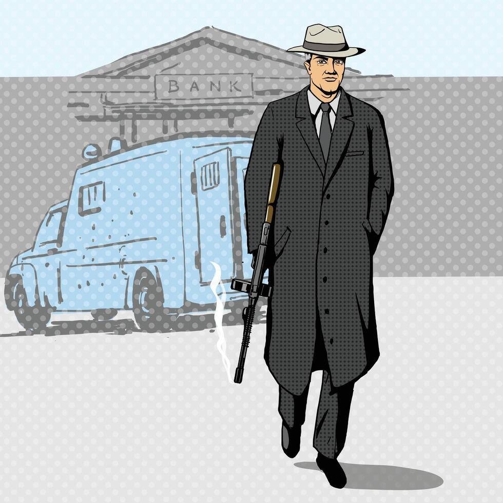 Gangster man with a gun walking from bank pop art retro style illustration. Comic book imitation vector