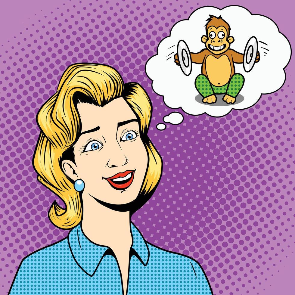 Girl without thoughts with mad monkey and cymbals comic book pop art retro style illustration vector