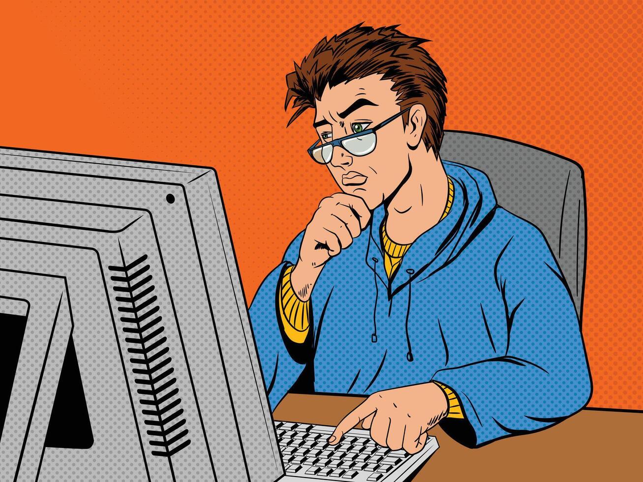 Software developer developer at work comic book pop art retro style illustration. Software engineer. vector