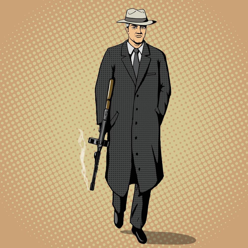 Gangster man with a gun walking pop art retro style illustration. Comic book imitation vector