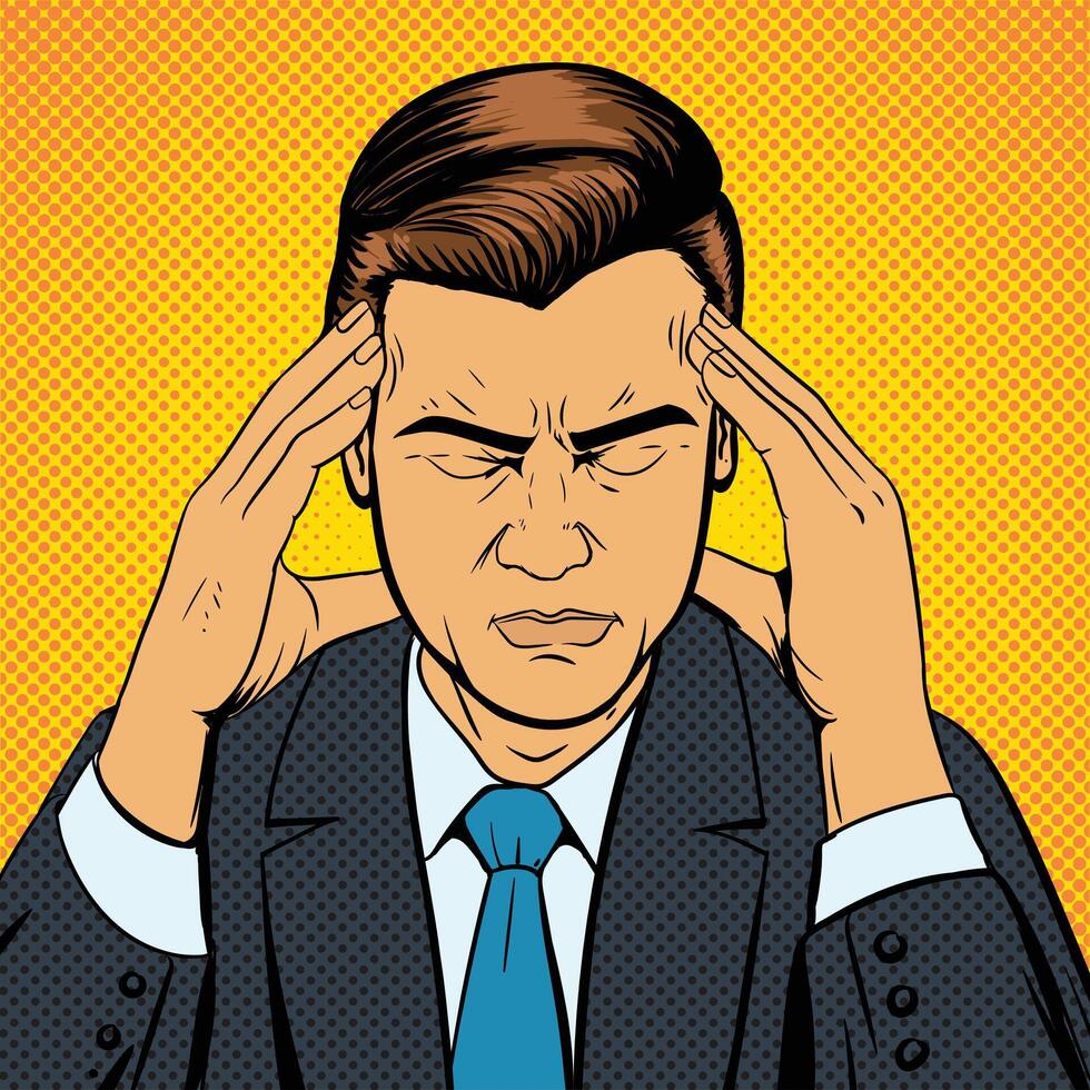 Man suffering with headache, pop art style retro illustration. Medical illustration. Comic book style. vector