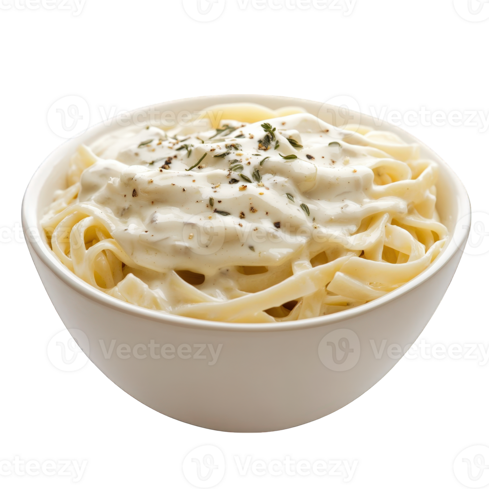 Creamy Pasta Dish in White Bowl with Herbs, on transparent background png