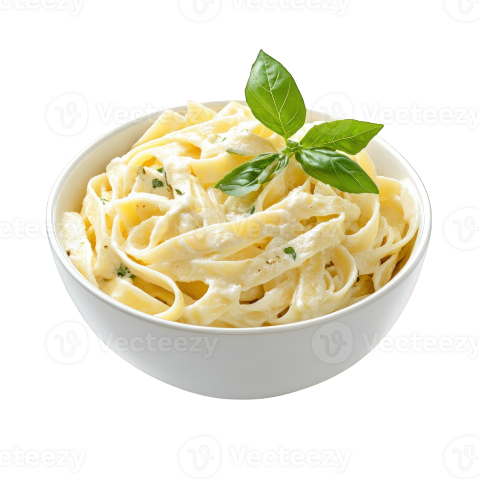 Creamy Fettuccine Alfredo Pasta in a White Bowl, on transparent background png