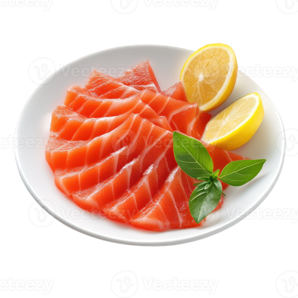 Salmon Sashimi Lemon Garnish on White Plate, on transparent background png