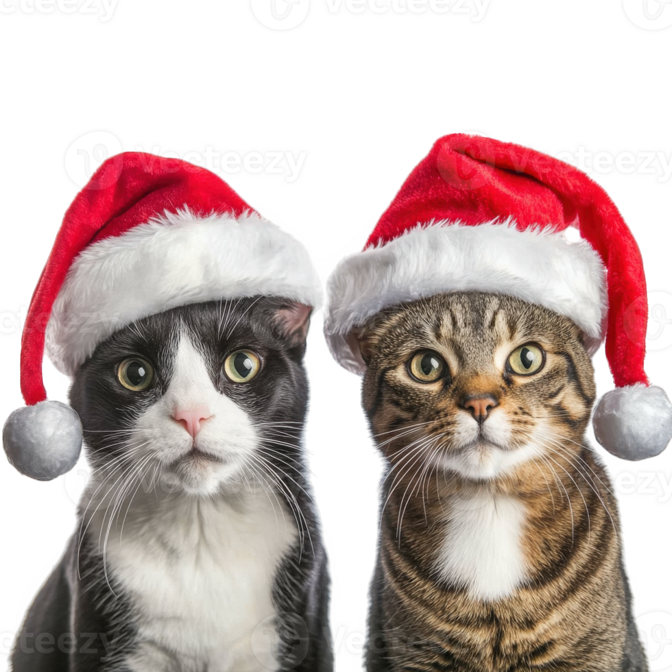 Two Cats Wearing Santa Hats For Christmas, on transparent background png