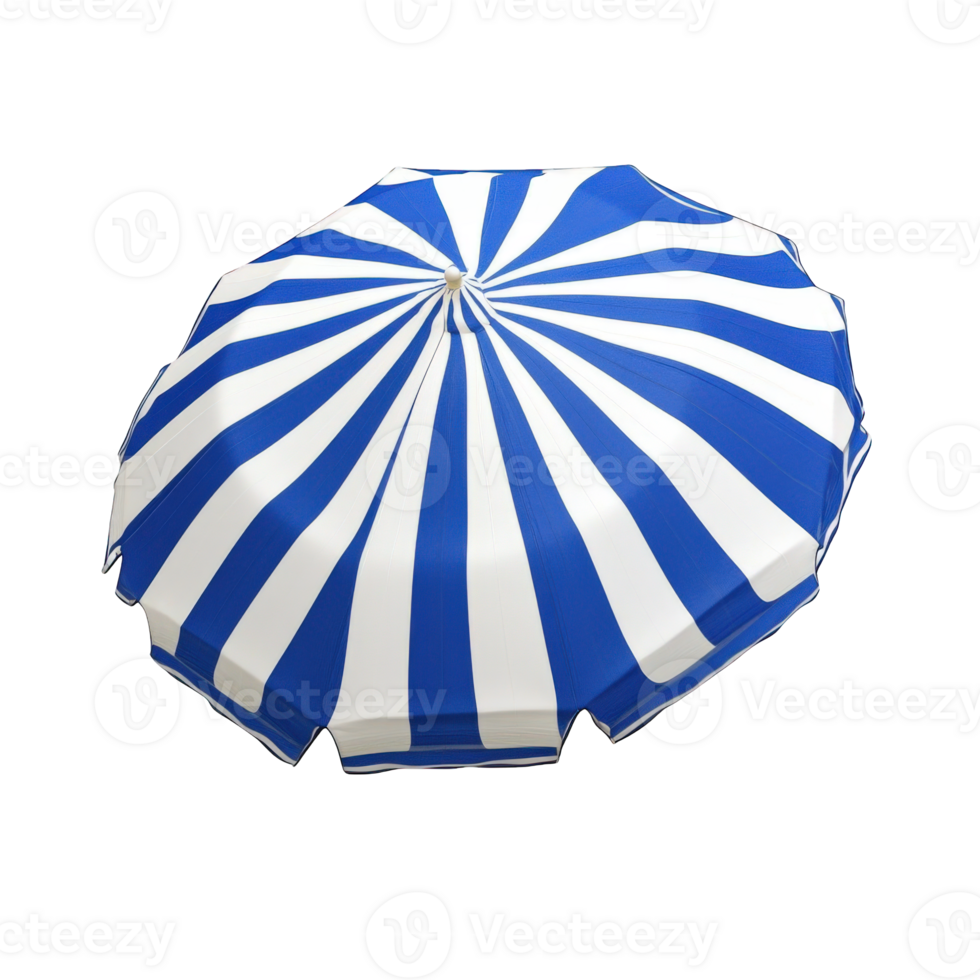 Blue and white striped beach umbrella overhead view, on transparent background png