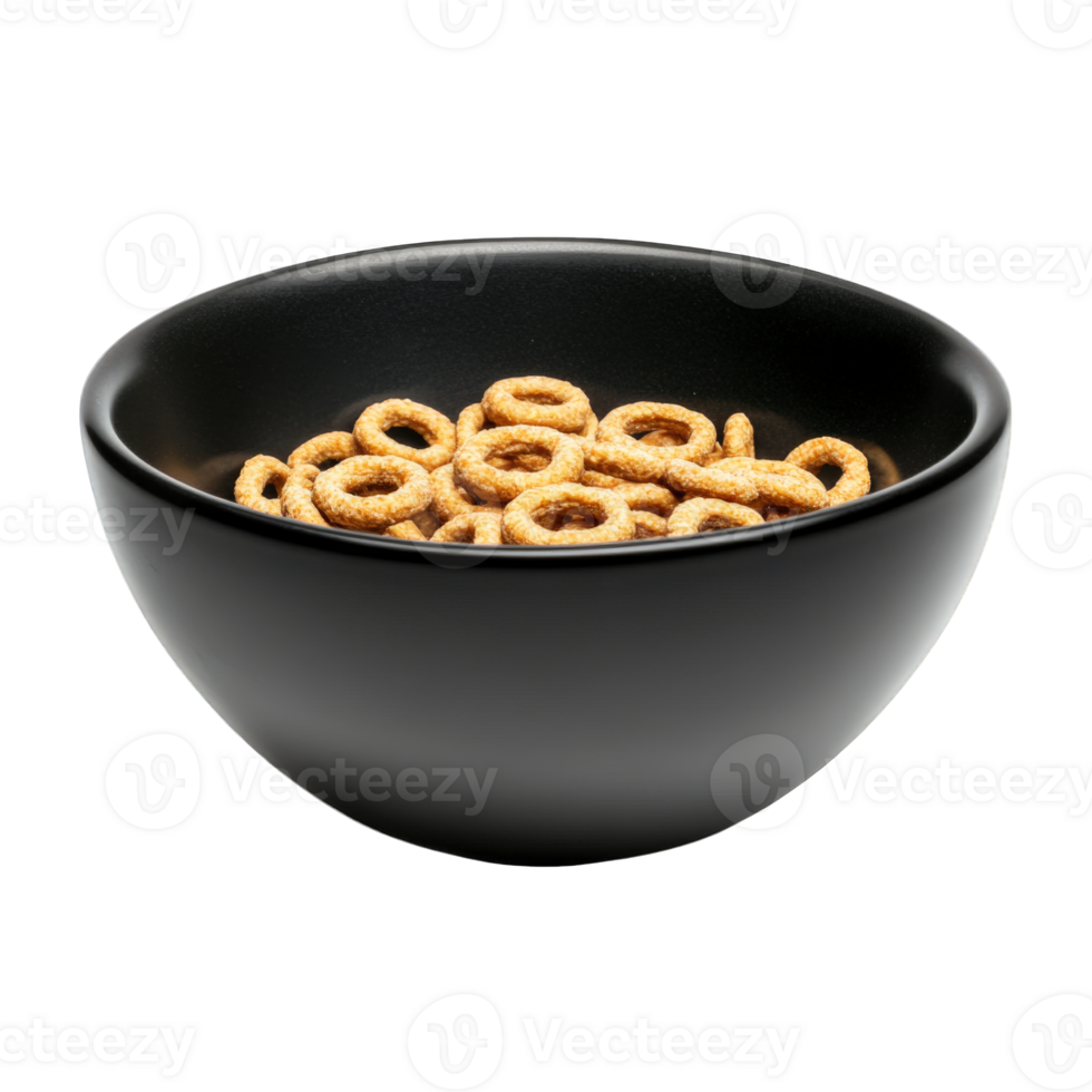 Wheat Cereal Rings In A Black Bowl, on transparent background png