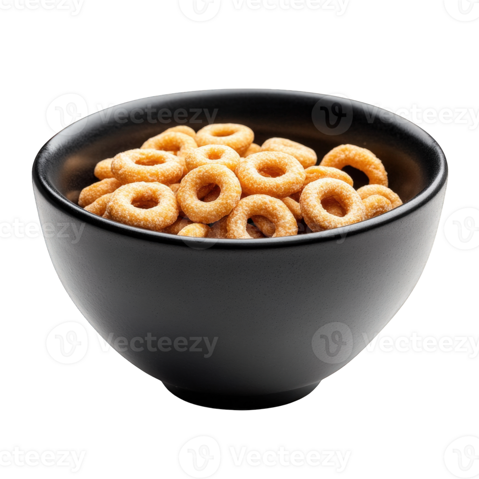 A black bowl filled with sweet cereal rings, on transparent background png