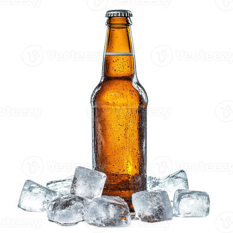 Cold Beer Bottle Surrounded By Ice Cubes, on transparent background png