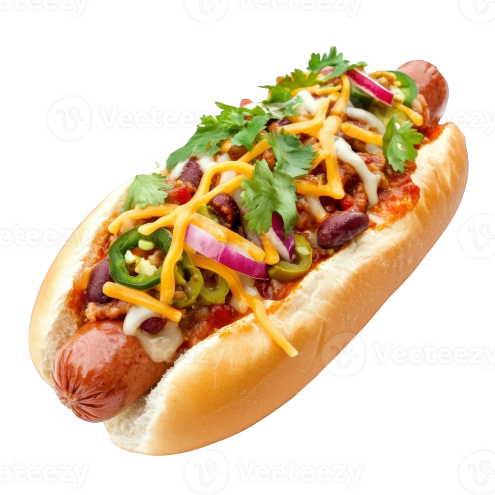 Chili Cheese Hot Dog Topped With Cilantro Onions And Jalapenos, on transparent background png