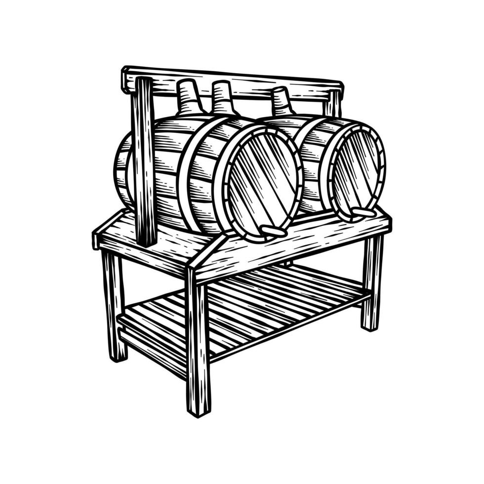 black and white illustration of a barrel in an engraving style vector