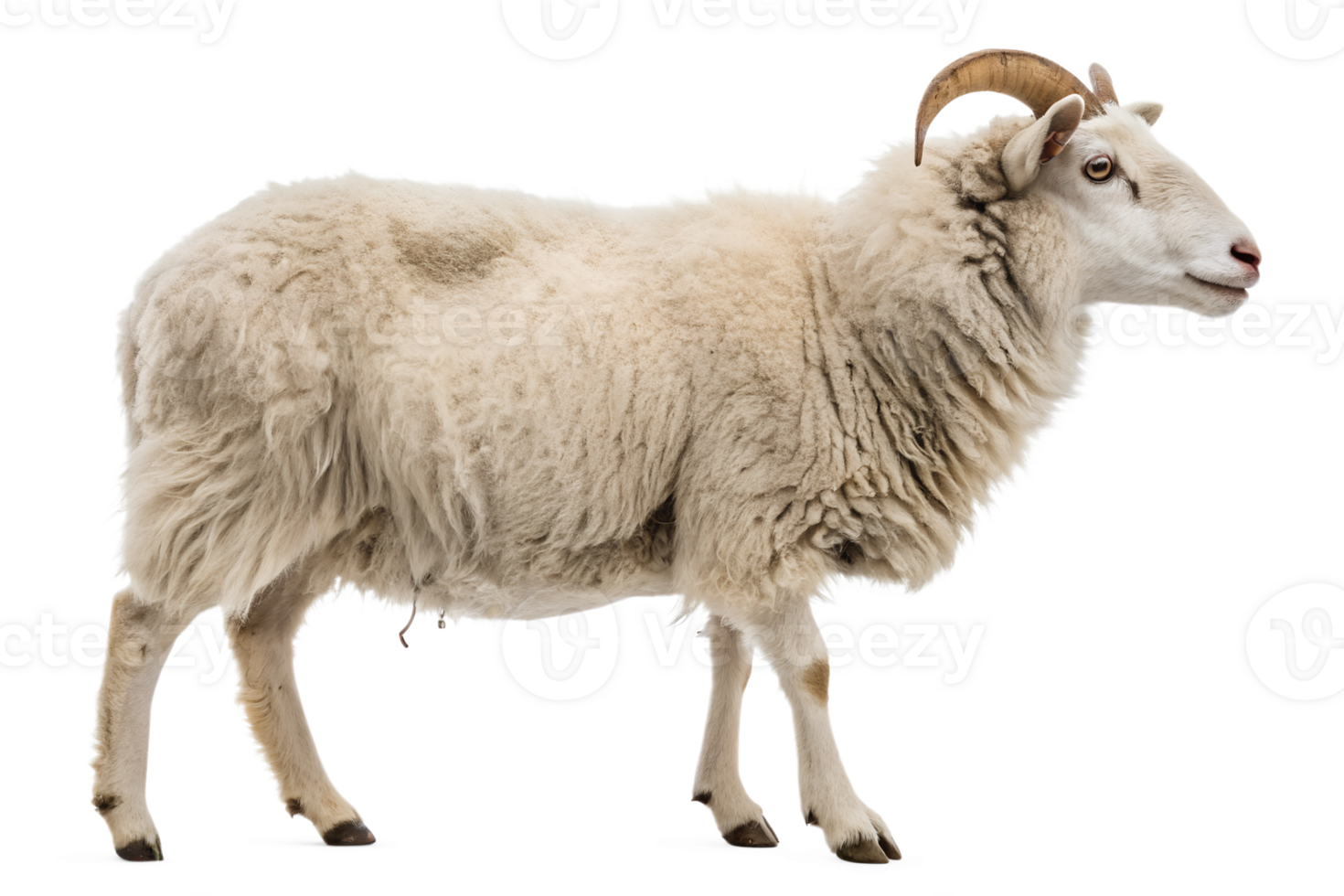 Wooly sheep with curved horns stands in profile png