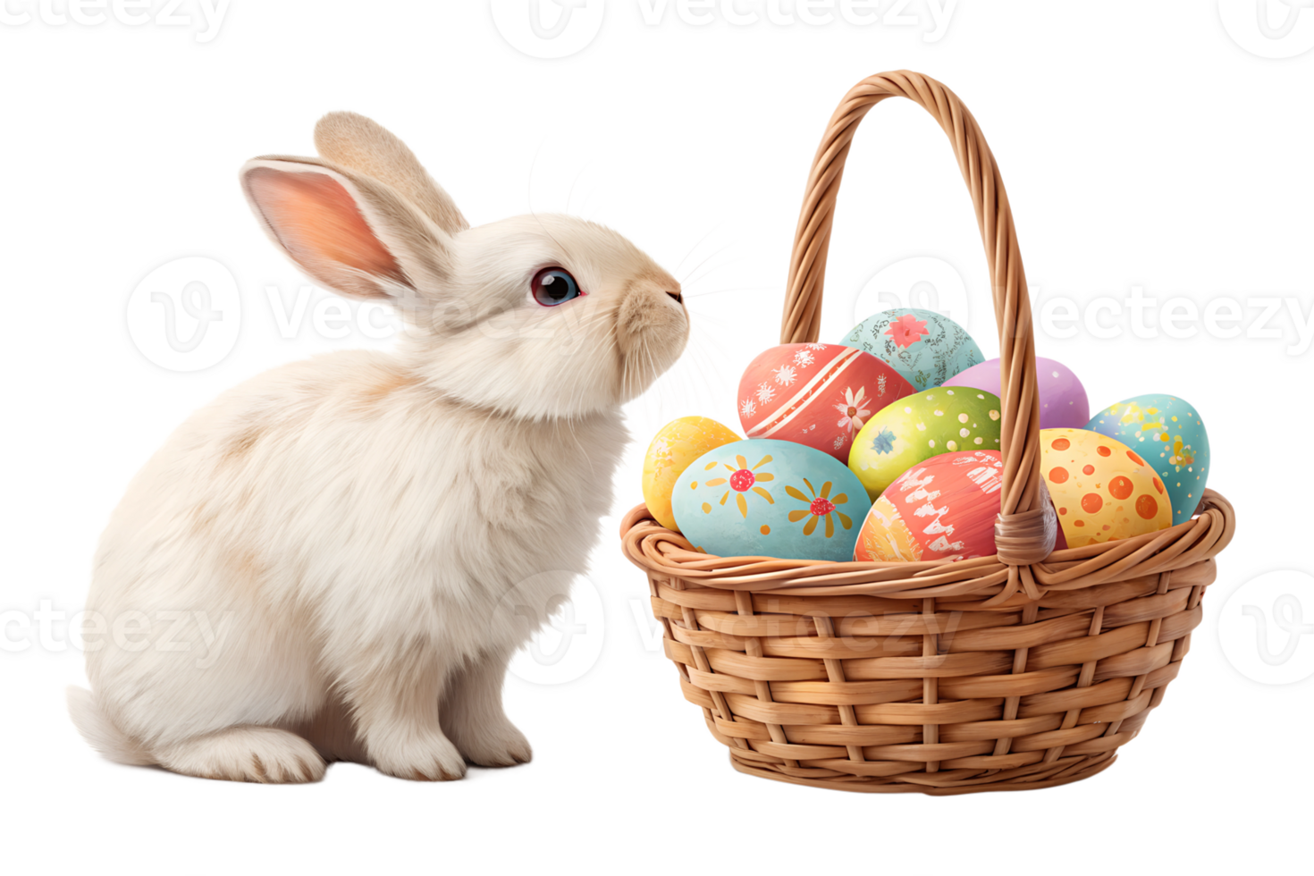 Cute bunny with Easter eggs in a basket png