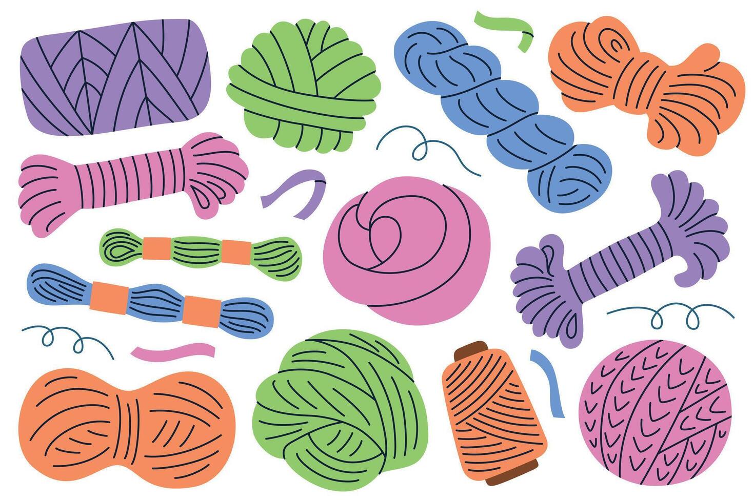 illustration of colorful yarn, thread collection in cartoon flat style. Knitting, crochet, sewing, embroidery materials, skeins, spools, balls. Creative design, crafting, DIY supplies vector