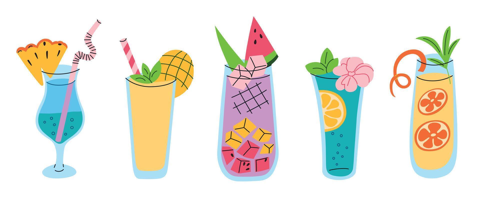 Set of five colorful tropical cocktails in glasses with fruit garnishes and straws in flat cartoon style. Mocktails illustrations. Perfect for summer, party, and beverage themed designs vector