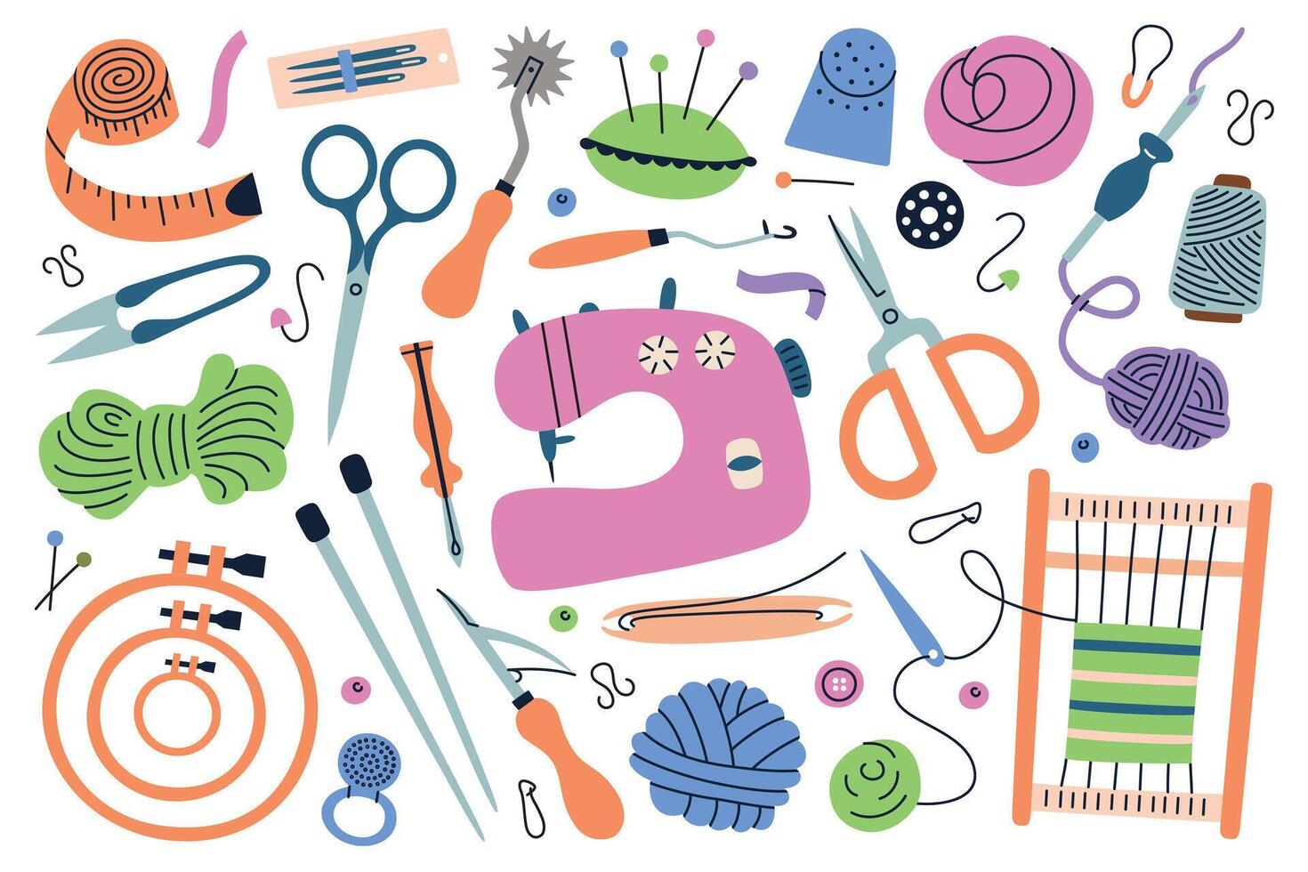 illustration of colorful needlework set, sewing, knitting, and embroidery tools. Sewing machine, scissors, threads, needles, yarns, and other crafting items in flat cartoon style vector