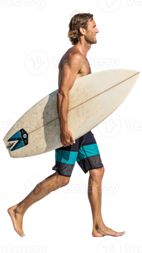 Surfer walking along the beach with a surfboard, cut out transparent png