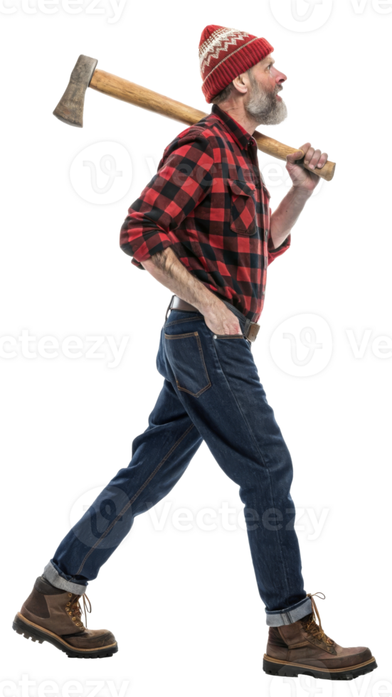 Lumberjack carrying axe with confident stride, cut out transparent png