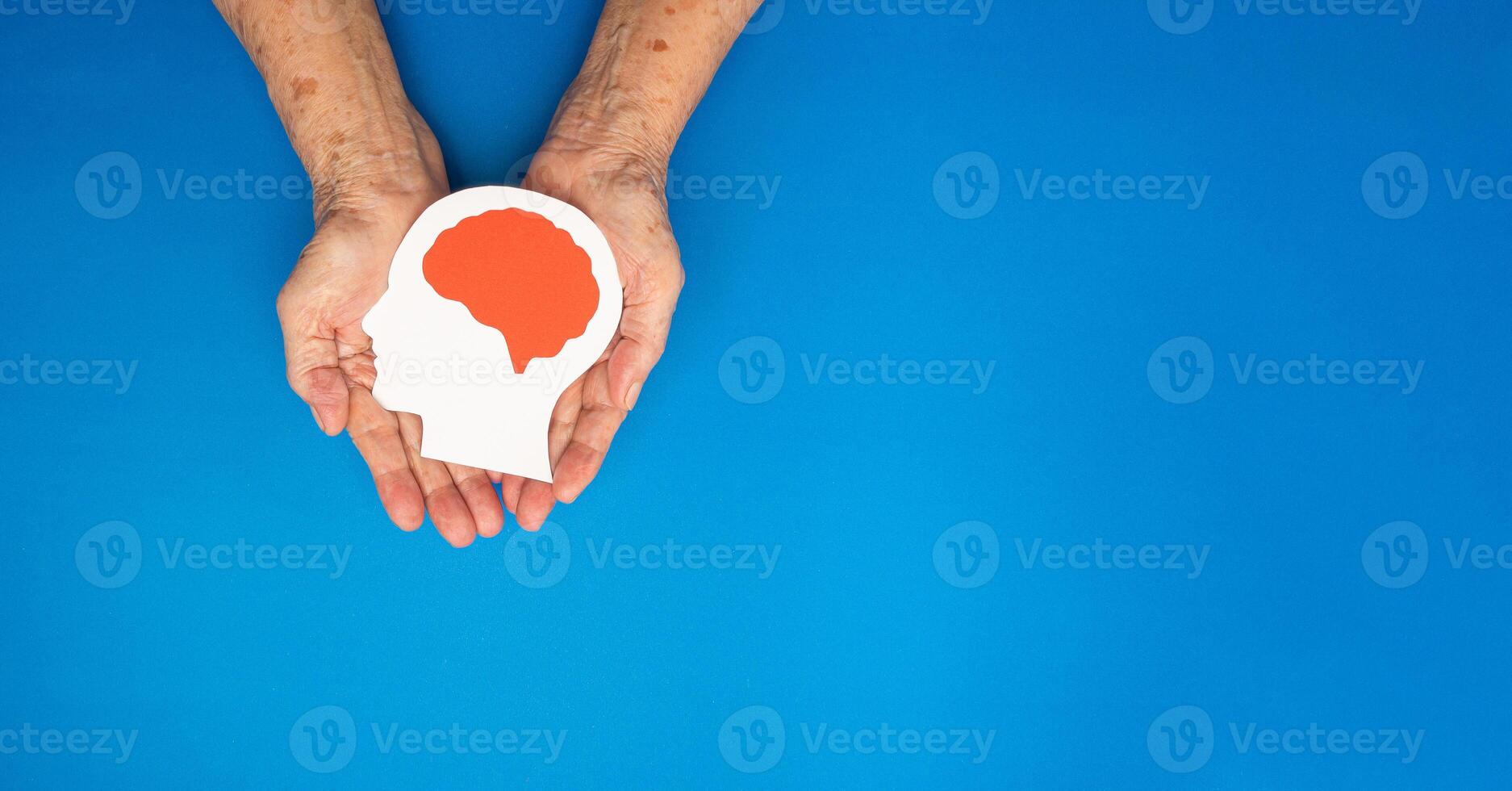 Top view of head with a brain made from paper on the palm senior woman over a blue background photo