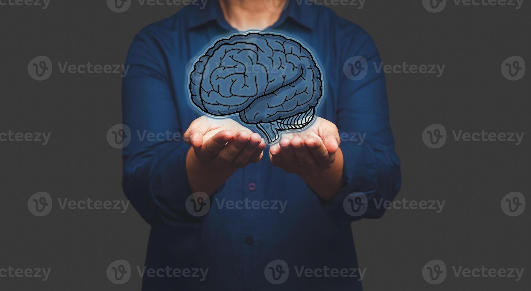 Brain on the palm. Artificial Intelligence, AI Technology. Mental health protection and care photo