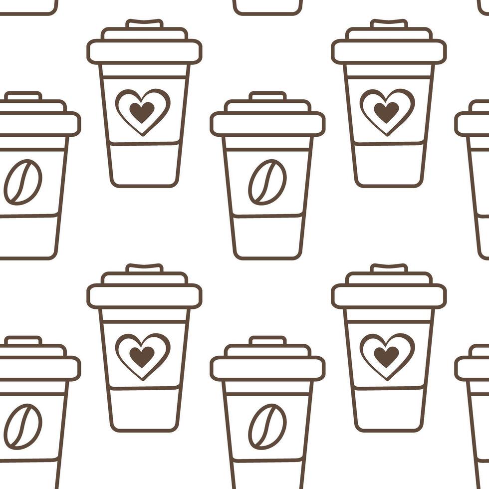 Outline Disposable cups with hearts and coffee beans on label Seamless Pattern. Takeaway background. Isolated illustration Wallpaper, wrapping or web promo leaflets, banner, cards, price tags vector