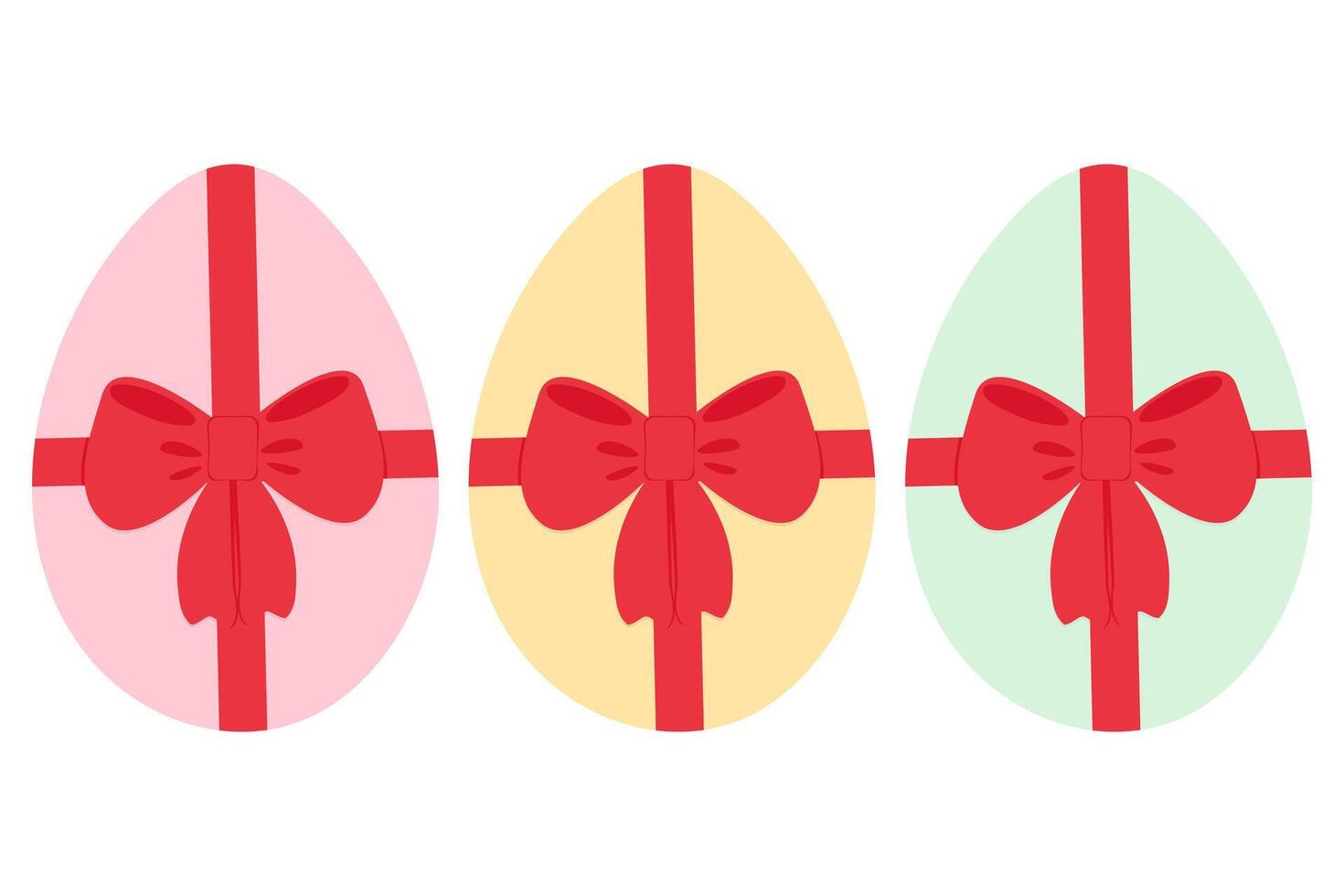 Painted chicken eggs in trendy festive colors with red ribbon bow. Easter design elements idea Set 3. Isolated illustration Thematic cards, posting or web promo leaflets, banner, price, labels vector