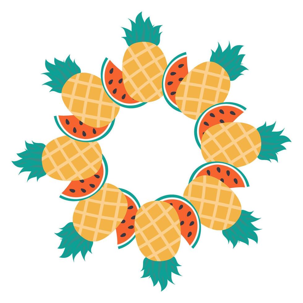 Pineapple and Watermelon slices Circle Frame border in trendy minimalist Summer Copy space Template. Isolated illustration Thematic cards, posting, blogging or web promo leaflets, banner, label vector