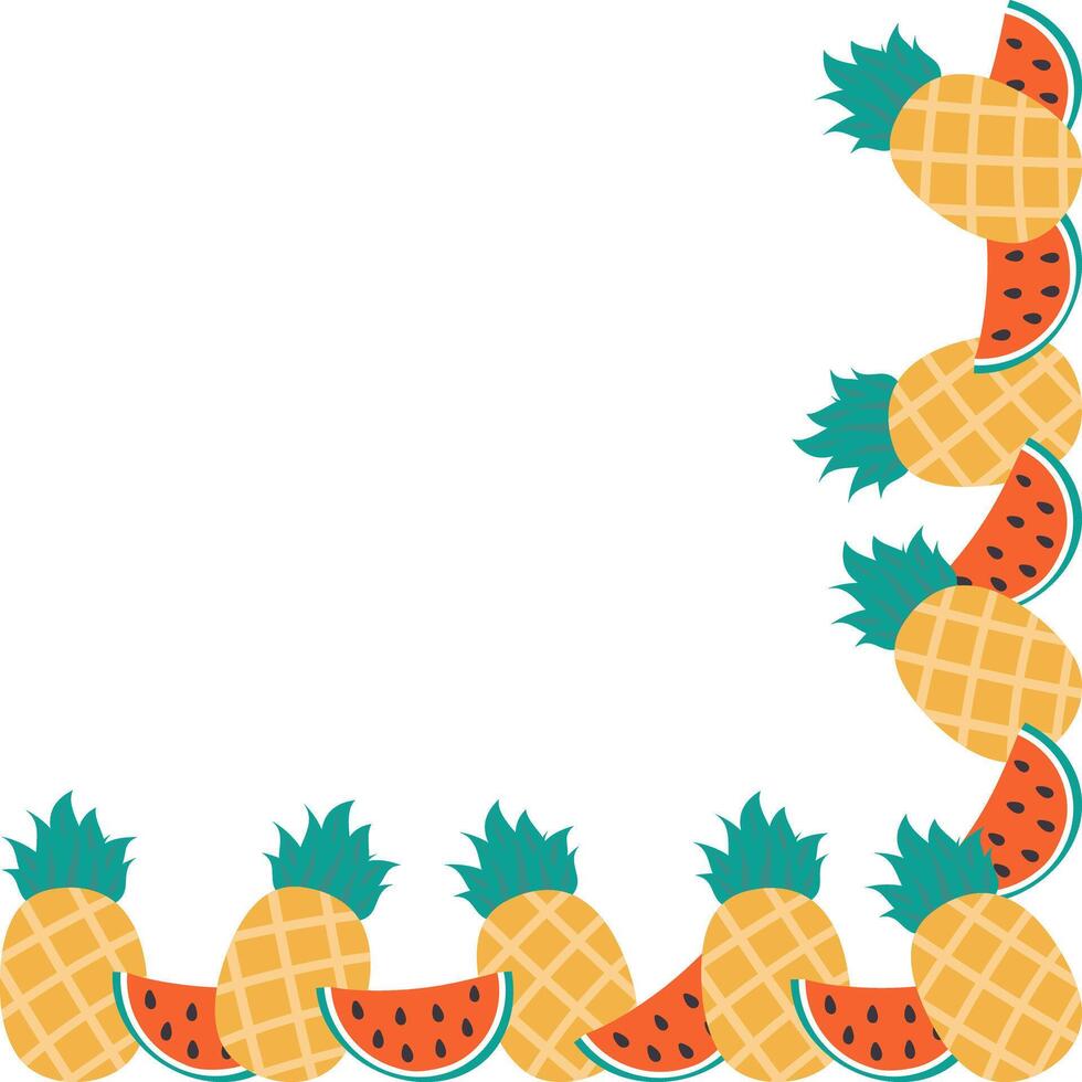 Watermelon slices and whole Pineapple Corner Frame border Summertime Copy space Template Minimalist. Isolated illustration Thematic cards, posting, blogging or web promo leaflets, banner, label vector