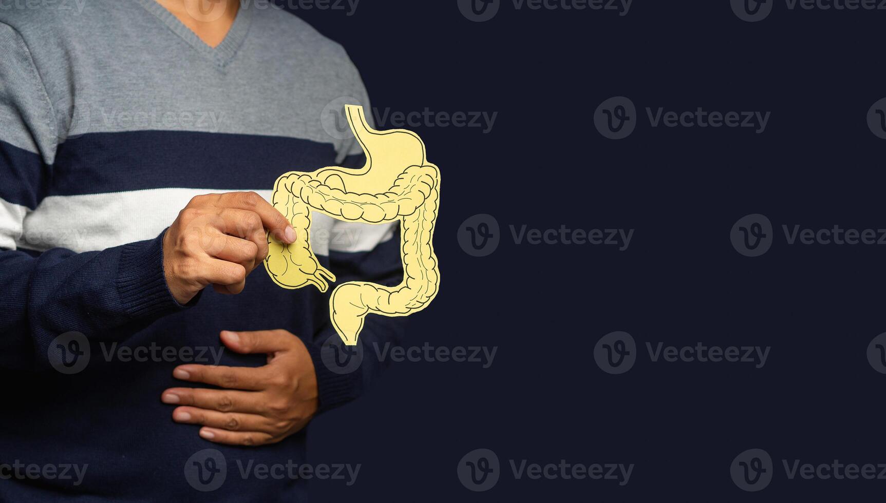 Hand holding a colon symbol and touching stomach painful suffering from stomachache causes of gastric ulcer, appendicitis, or gastrointestinal system disease photo
