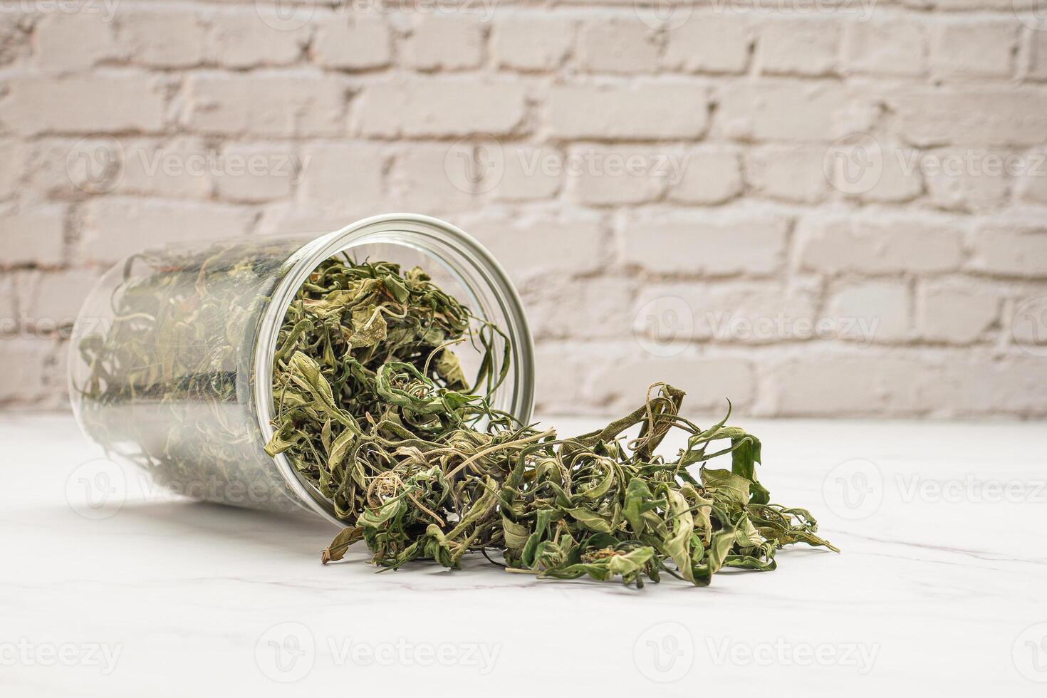 Dry cannabis leaf tea outside of a plastic box with a white brick wall background photo