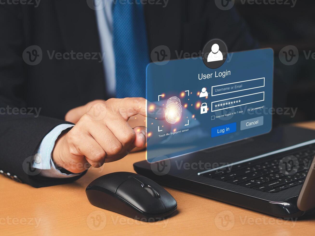 Close-up of hand scan fingerprint biometric identity to access personal data in the computer. photo