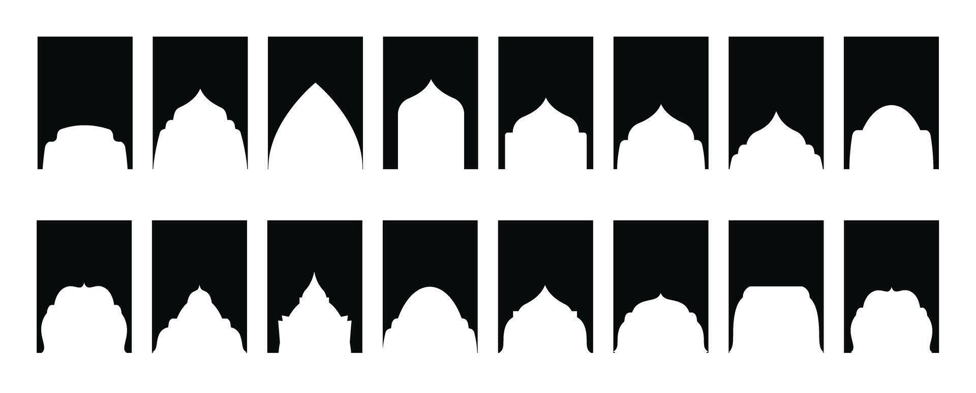 Arabic shapes windows and arches traditional ornament. Set of Islamic shape window frame in retro boho color. vector