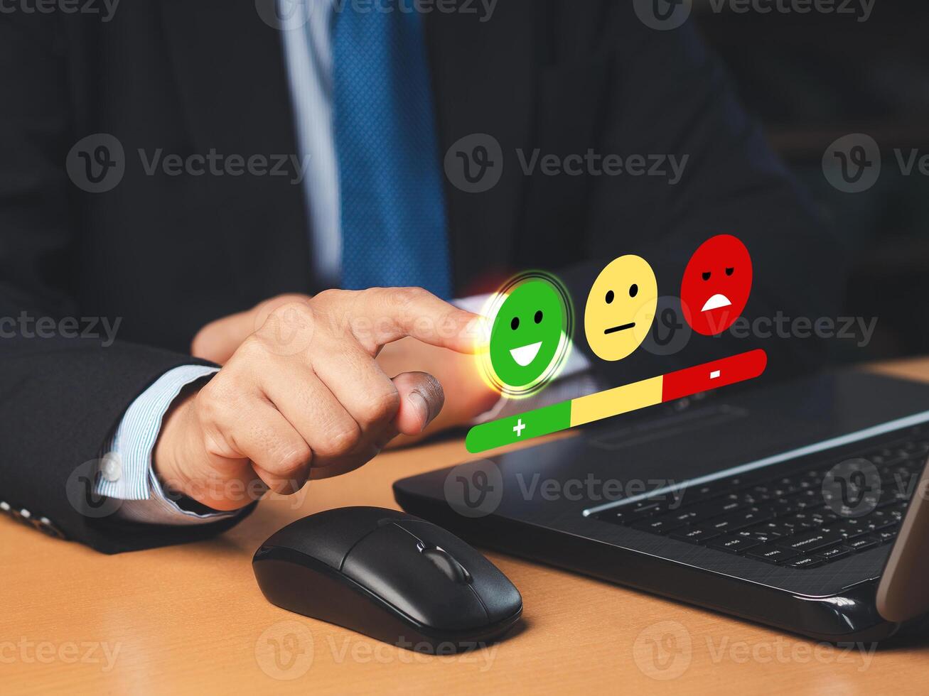 Positive feedback concept. Choosing a green happy mood icon rating review in the survey, poll, or customer satisfaction research on a virtual screen photo