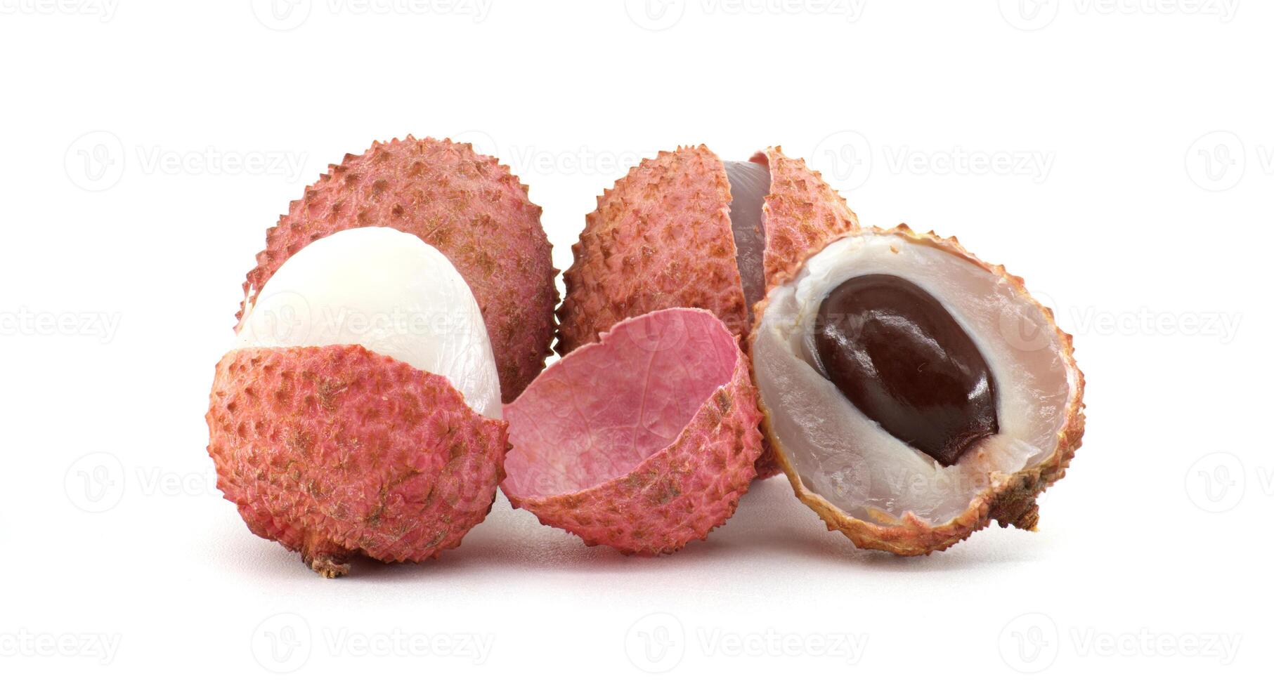 Close-Up of Fresh Lychee Fruit with Peel, Seed, and Flesh Exposed photo