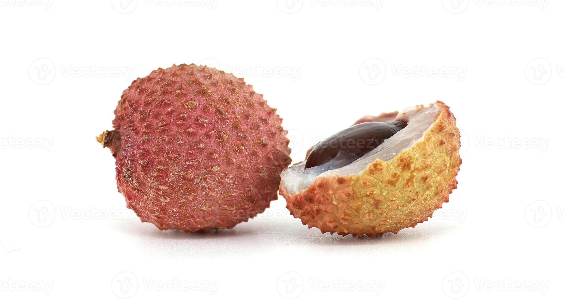 Close-Up View of Fresh Lychee Fruit with Seed on White Background photo