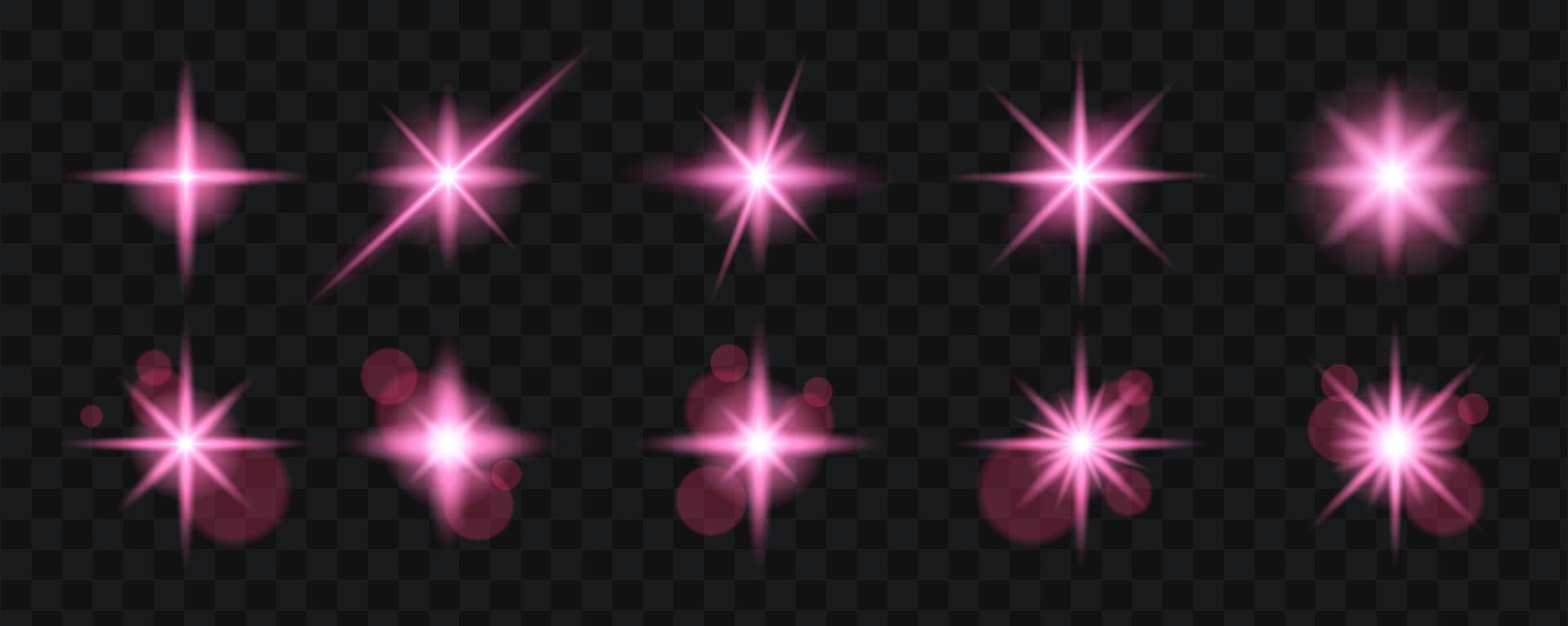 Pink star light effects. Glow isolated lights, lens flares, explosion, glitter and particles, sparks. Abstract effect. vector