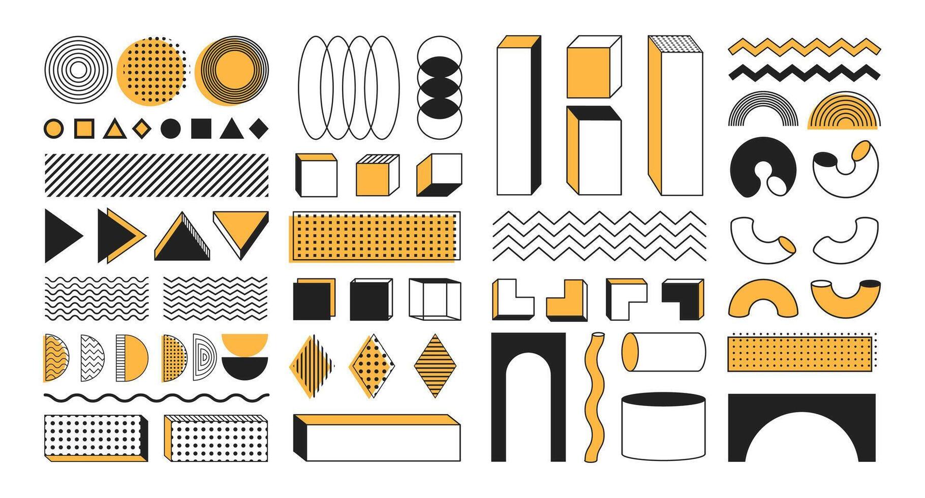 Memphis abstract shapes and forms, geometric flat and 3d figures, sticker set, retro decorative graphic elements. vector